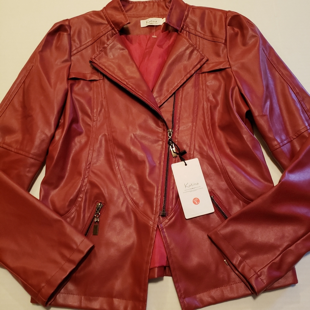 NWT Katina Sz L Red Faux Leather Jacket